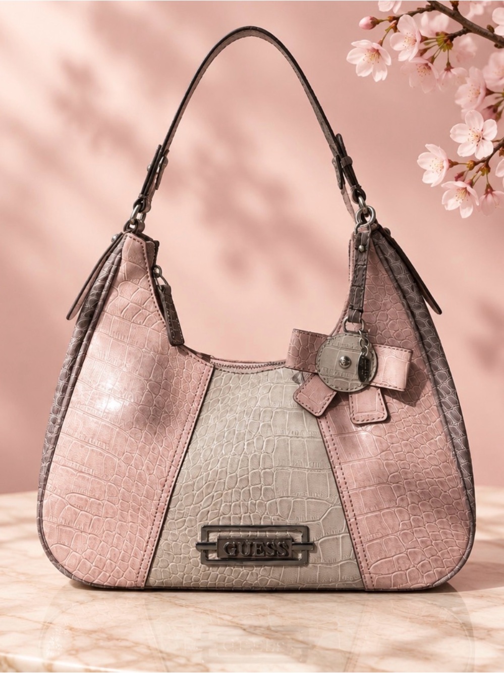 GUESS Two-Tone Pink and Cream Croc-Embossed Shoulder Bag